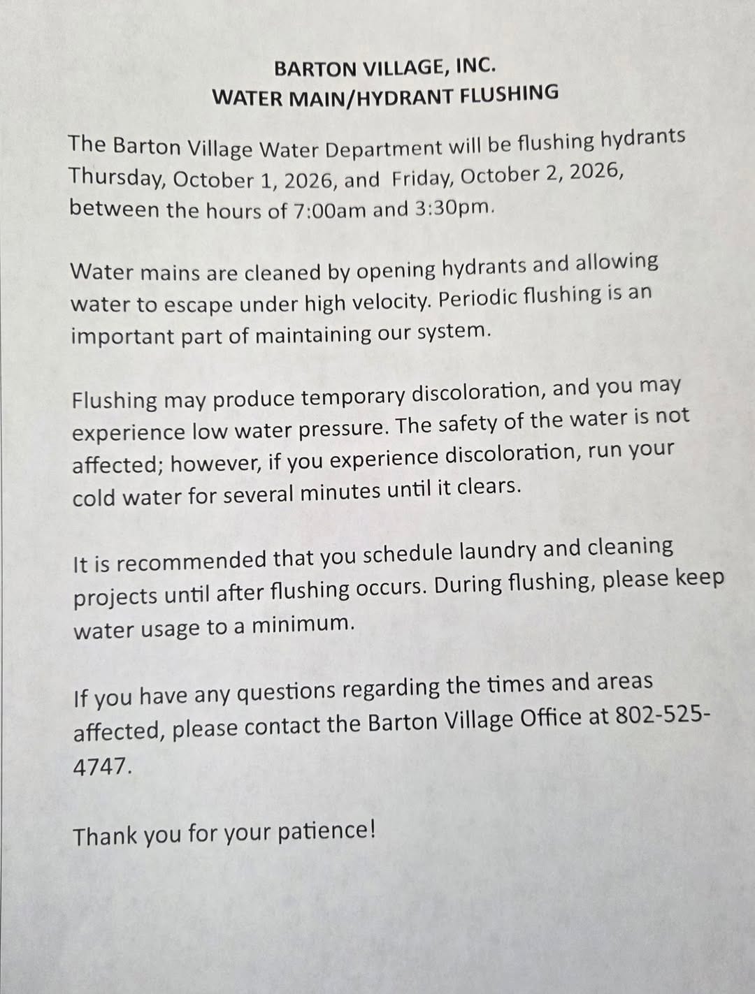 Barton Village Water Department notice about October 1 and 2 hydrant flushing