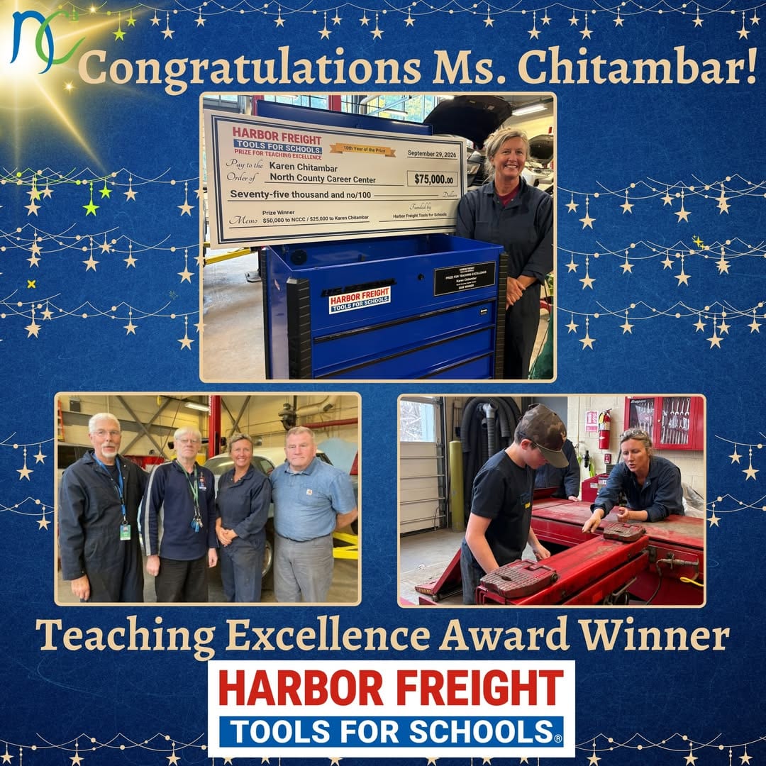 Karen Chitambar teaching excellence award collage with Harbor Freight Tools for Schools branding
