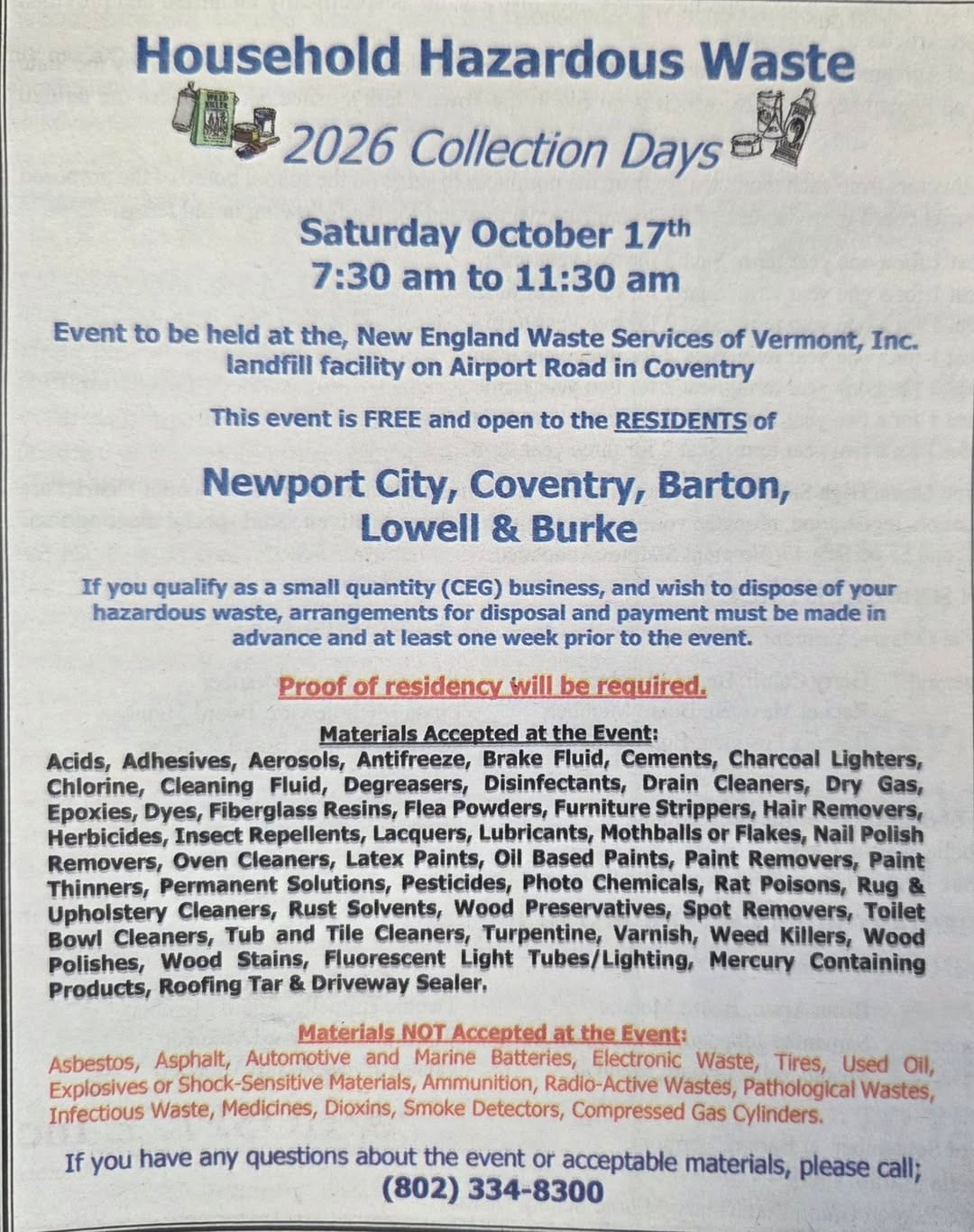 Household hazardous waste collection flyer for October 17 in Coventry