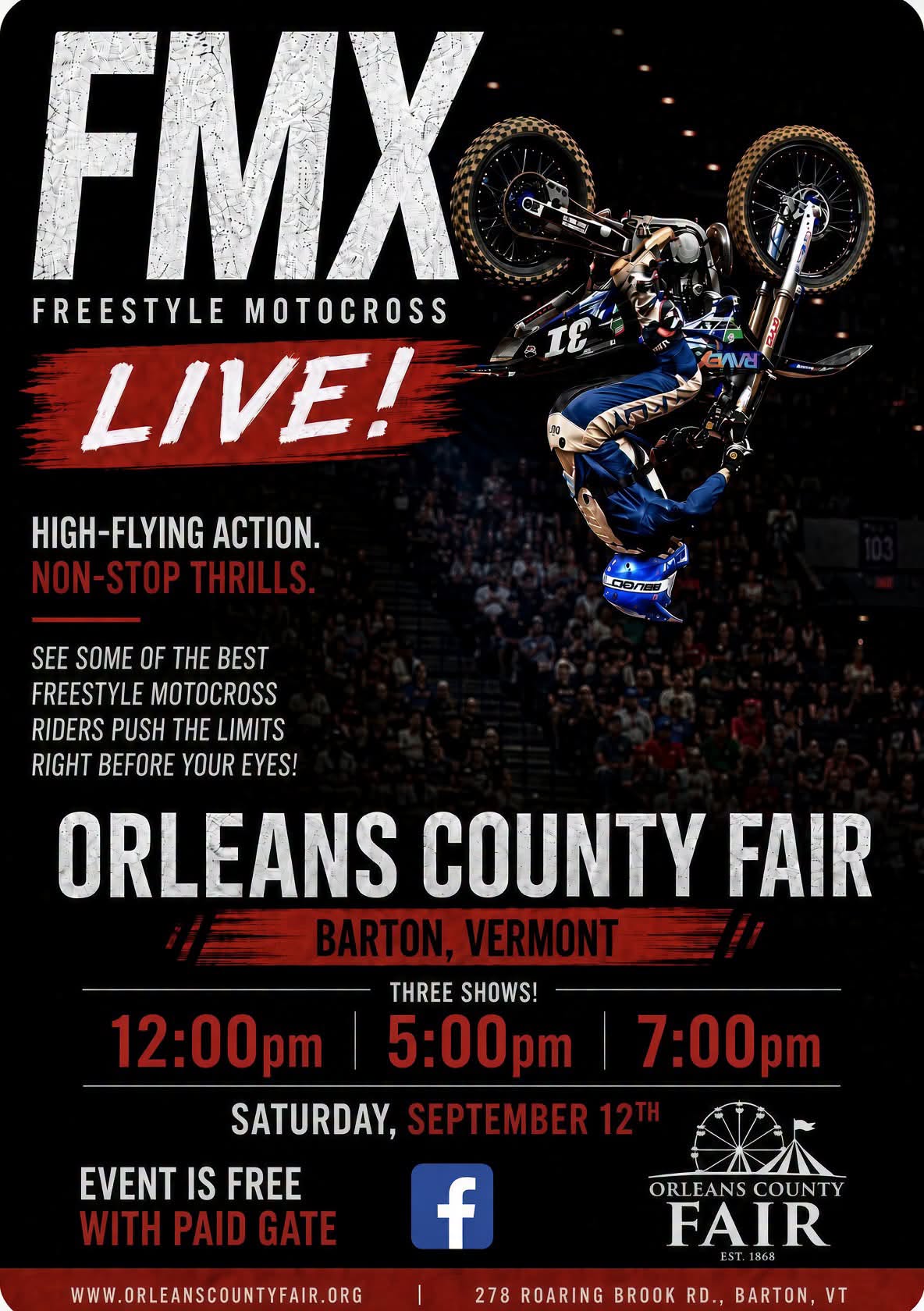 Orleans County Fair poster advertising live freestyle motocross shows