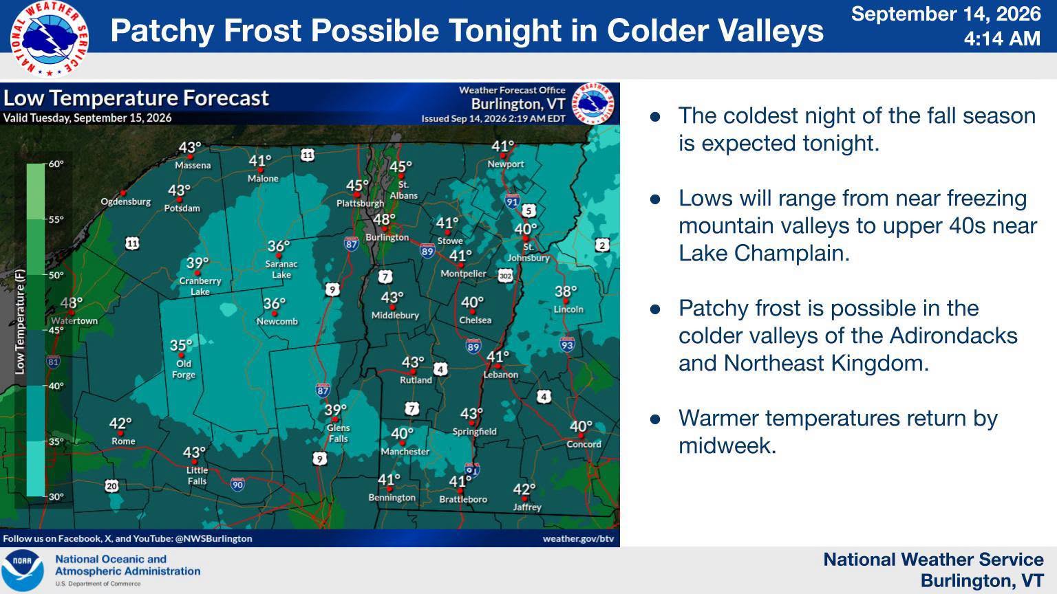 National Weather Service forecast map showing patchy frost possible in colder valleys