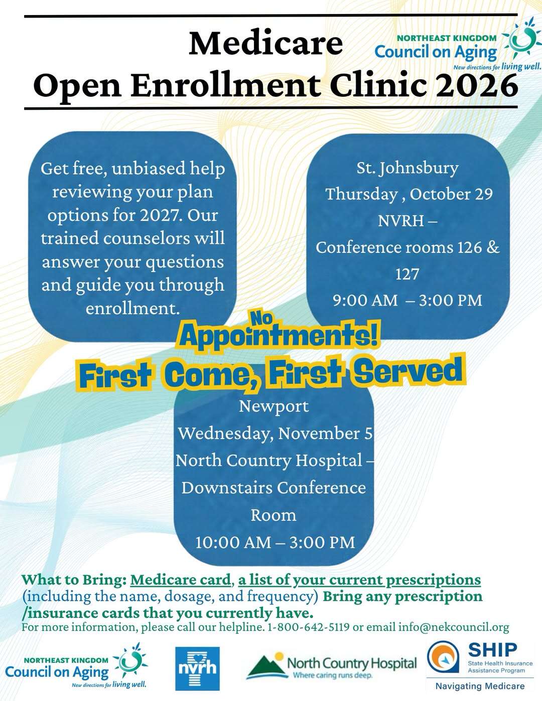 Medicare Open Enrollment Clinic 2026 flyer, Northeast Kingdom Council on Aging