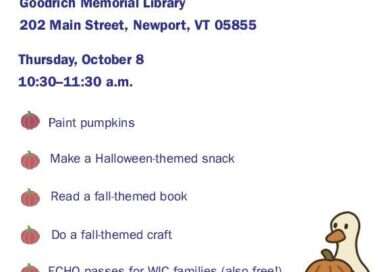 Pumpkin Playdate flyer: Goodrich Memorial Library and WIC, Thursday, October 8, 10:30 to 11:30 a.m., 202 Main Street, Newport, VT