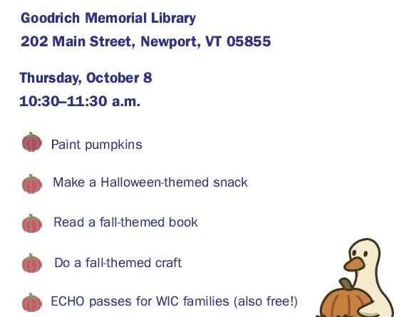 Pumpkin Playdate flyer: Goodrich Memorial Library and WIC, Thursday, October 8, 10:30 to 11:30 a.m., 202 Main Street, Newport, VT