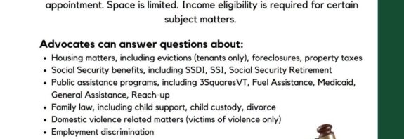 Vermont Legal Aid flyer for the free legal advice clinic for Caledonia, Essex and Orleans residents on October 14, 2026