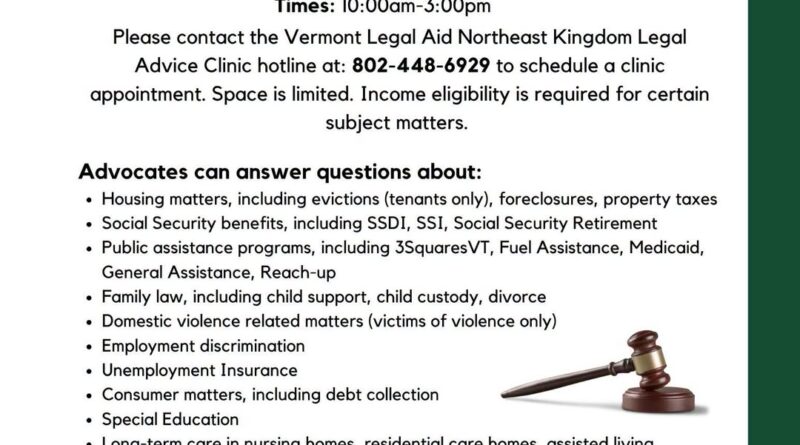 Vermont Legal Aid flyer for the free legal advice clinic for Caledonia, Essex and Orleans residents on October 14, 2026