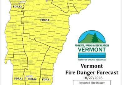 Vermont Fire Danger Forecast map for October 27, 2026 showing high fire danger statewide