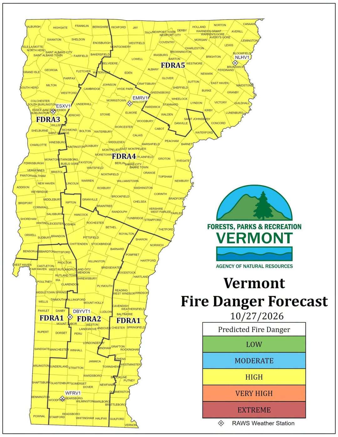 Vermont Fire Danger Forecast map for October 27, 2026 showing high fire danger statewide