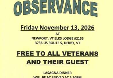 Veterans Day Observance flyer for the Newport, VT Elks Lodge #2155, Friday November 13, 2026