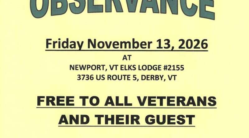 Veterans Day Observance flyer for the Newport, VT Elks Lodge #2155, Friday November 13, 2026