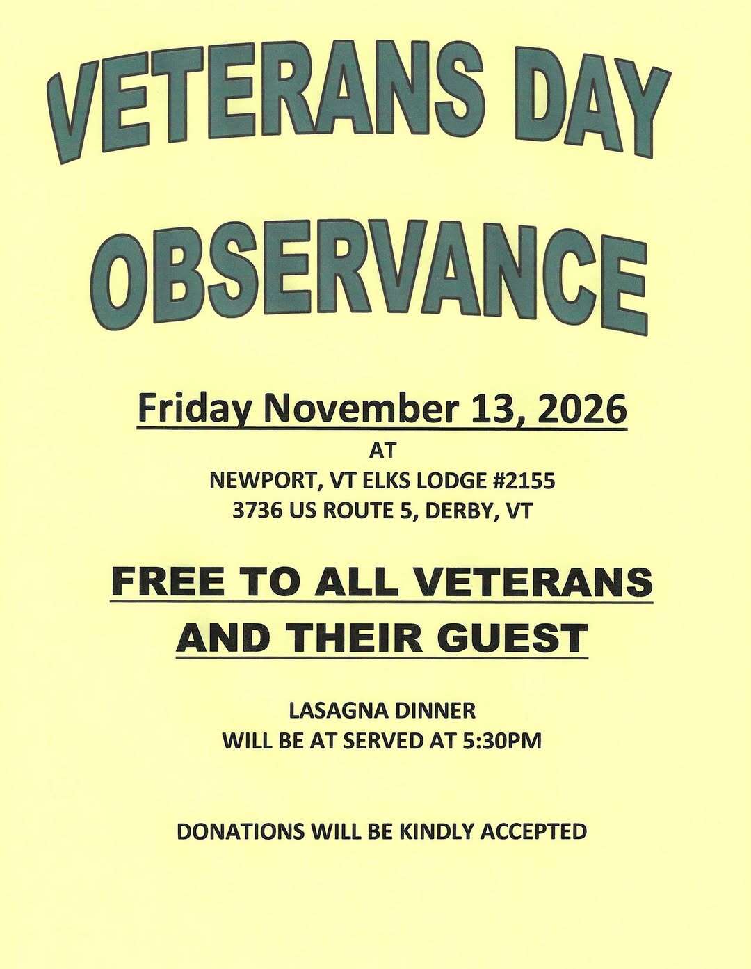 Veterans Day Observance flyer for the Newport, VT Elks Lodge #2155, Friday November 13, 2026